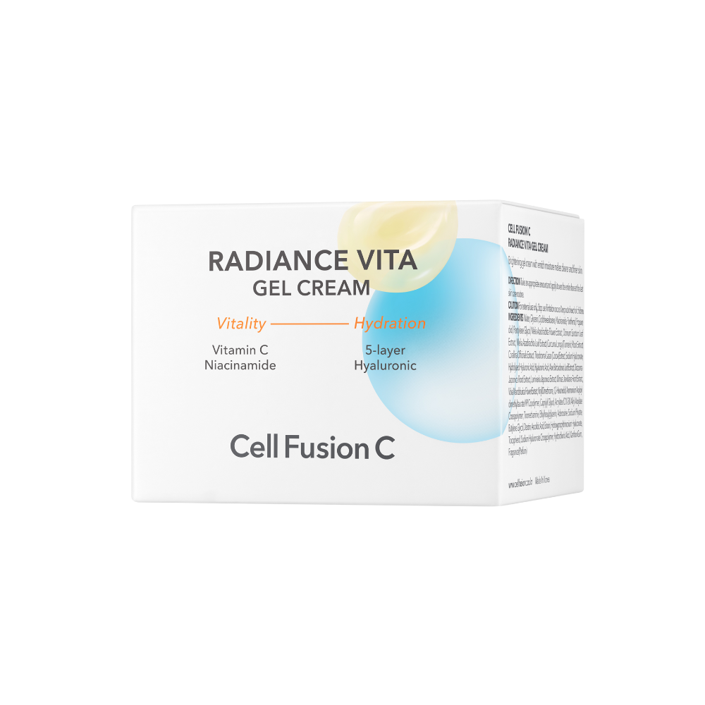 ProtoClinical k-beauty [Cell Fusion C] Radiance Vita Gel Cream 55ml open frosted yellow jar showing pale yellow gel cream on a clean white background