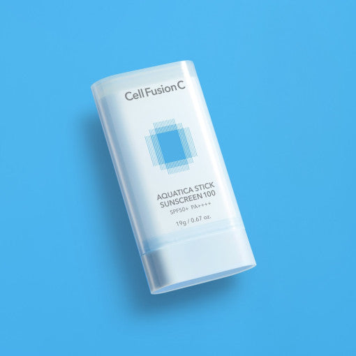ProtoClinical k-beauty [Cell Fusion C] Aquatica Stick Sunscreen 100 SPF50+ PA++++ 19g single upright pale blue sunscreen stick centered on a bright blue background.