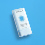 ProtoClinical k-beauty [Cell Fusion C] Aquatica Stick Sunscreen 100 SPF50+ PA++++ 19g single upright pale blue sunscreen stick centered on a bright blue background.