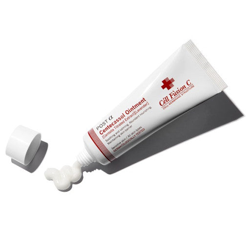 ProtoClinical k-beauty [Cell Fusion C] Centecassol Ointment 40ml close-up of a white ointment tube dispensing cream onto a white surface against a red background