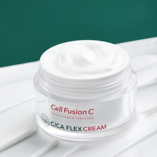 ProtoClinical k-beauty [Cell Fusion C] Cica Flex Cream 55ml single upright cream package with a soft pink center on a teal and pale gray background