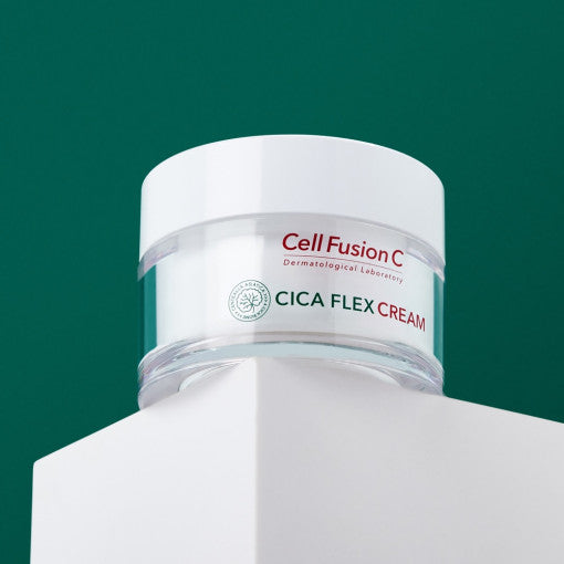 ProtoClinical k-beauty [Cell Fusion C] Cica Flex Cream 55ml single upright cream package with a soft pink center on a teal and pale gray background
