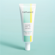 ProtoClinical k-beauty [Cell Fusion C] Clear Tone-Up Sun Base 40ml SPF 50+/ PA++++ pale aqua packaging graphic with a soft beige vertical center on a light background.