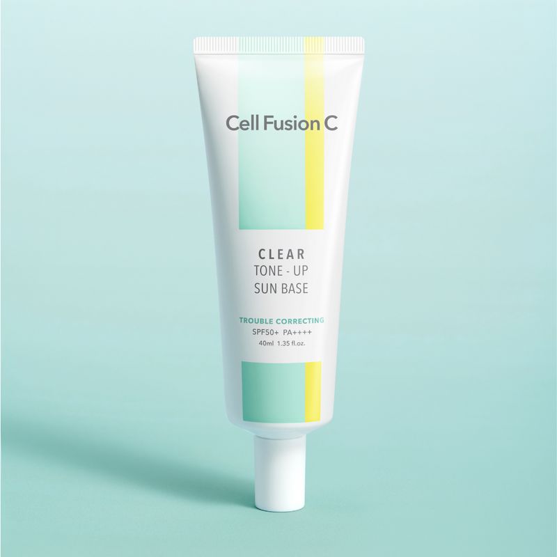 ProtoClinical k-beauty [Cell Fusion C] Clear Tone-Up Sun Base 40ml SPF 50+/ PA++++ pale aqua packaging graphic with a soft beige vertical center on a light background.