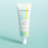 ProtoClinical k-beauty [Cell Fusion C] Clear Tone-Up Sun Base 40ml SPF 50+/ PA++++ pale aqua packaging graphic with a soft beige vertical center on a light background.