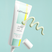 ProtoClinical k-beauty [Cell Fusion C] Clear Tone-Up Sun Base 40ml SPF 50+/ PA++++ vertical package graphic in pale aqua and beige tones on a light background