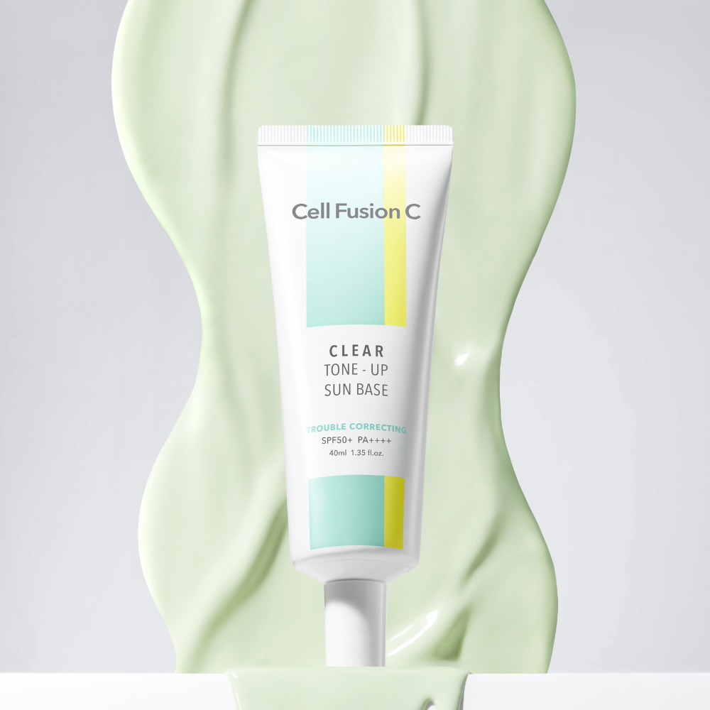 ProtoClinical k-beauty [Cell Fusion C] Clear Tone-Up Sun Base 40ml SPF 50+/ PA++++ pale aqua vertical package silhouette with dark side framing on a light background.