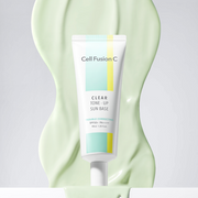 ProtoClinical k-beauty [Cell Fusion C] Clear Tone-Up Sun Base 40ml SPF 50+/ PA++++ pale aqua vertical package silhouette with dark side framing on a light background.