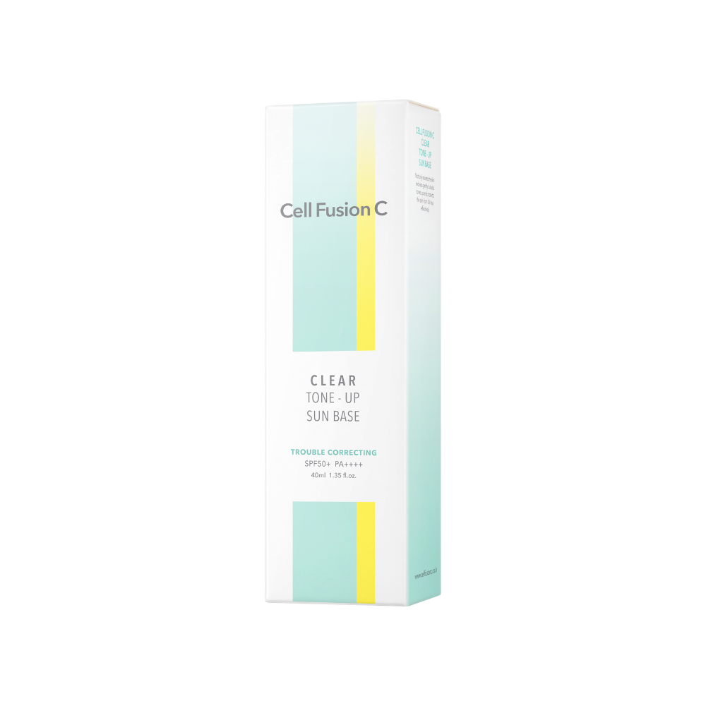 ProtoClinical k-beauty [Cell Fusion C] Clear Tone-Up Sun Base 40ml SPF 50+/ PA++++ light beige vertical package silhouette with dark side framing on a pale background.