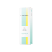 ProtoClinical k-beauty [Cell Fusion C] Clear Tone-Up Sun Base 40ml SPF 50+/ PA++++ light beige vertical package silhouette with dark side framing on a pale background.