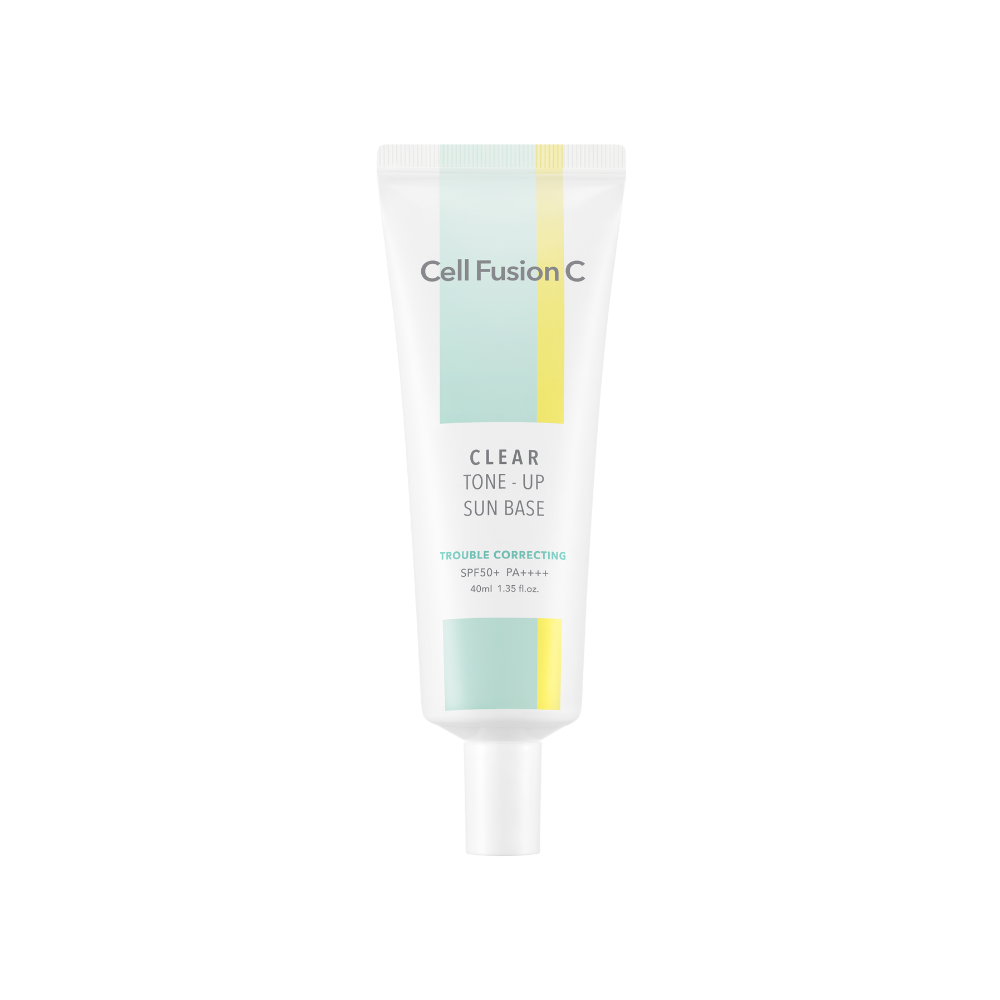 ProtoClinical k-beauty [Cell Fusion C] Clear Tone-Up Sun Base 40ml SPF 50+/ PA++++ pale aqua vertical package silhouette with dark side framing on a light background.
