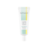 ProtoClinical k-beauty [Cell Fusion C] Clear Tone-Up Sun Base 40ml SPF 50+/ PA++++ pale aqua vertical package silhouette with dark side framing on a light background.