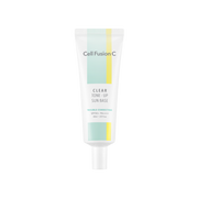 ProtoClinical k-beauty [Cell Fusion C] Clear Tone-Up Sun Base 40ml SPF 50+/ PA++++ pale aqua vertical package silhouette with dark side framing on a light background.