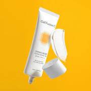 ProtoClinical k-beauty [Cell Fusion C] Derma Relief Sunscreen SPF50+ / PA++++ 50ml single upright pale cream sunscreen tube centered on a bright orange background.