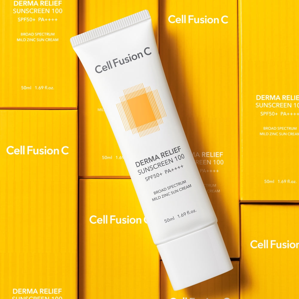 ProtoClinical k-beauty [Cell Fusion C] Derma Relief Sunscreen SPF50+ / PA++++ 50ml single upright pale cream sunscreen tube on a light background.