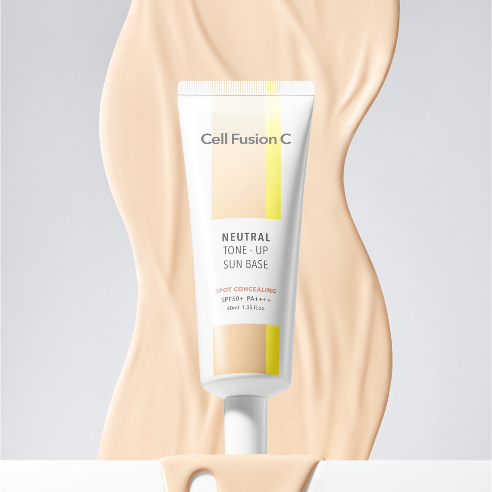 ProtoClinical k-beauty soft lavender and peach beauty graphic with a pale vertical center on a light background.