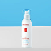 ProtoClinical k-beauty [Cell Fusion C] Post Alpha First Cure Serum 50ml single upright serum bottle centered on a pale blue background with peach lower accents