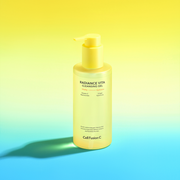 ProtoClinical k-beauty bright yellow and pale aqua beauty graphic with a soft peach center.