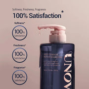 ProtoClinical k-beauty UNOVE DEEP DAMAGE REPAIR SHAMPOO 500ml single upright dark shampoo bottle centered on a soft pink background.