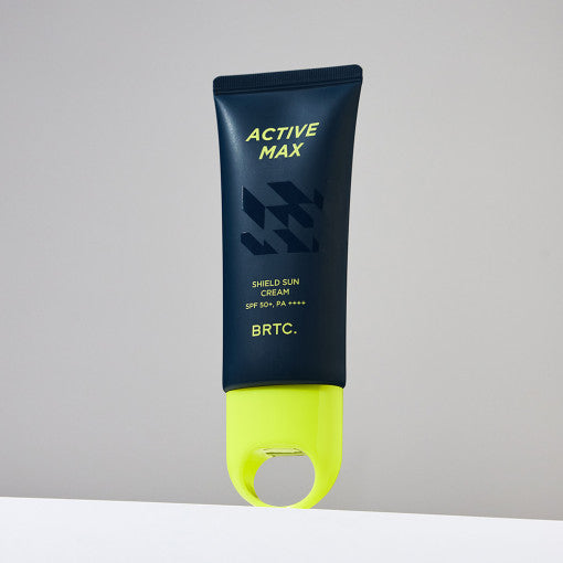 ProtoClinical k-beauty BRTC Active Max Shield Sun Cream SPF 50+/PA ++++ 50ml single upright dark green sun cream packaging on a light background.
