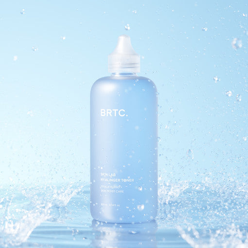 ProtoClinical k-beauty BRTC Skin Lab Hyalinger 300ml pale blue bottle and matching box side by side on a cool blue background