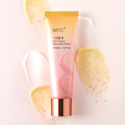 ProtoClinical k-beauty BRTC Time 8 Lift Toning Collagen Cream 80ml single upright peach cream package centered on a pale background