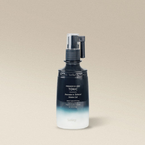 ProtoClinical k-beauty Solep Premier Hi-Gro Hair Tonic 100ml black spray bottle with a frosted white base standing upright on a clean white background