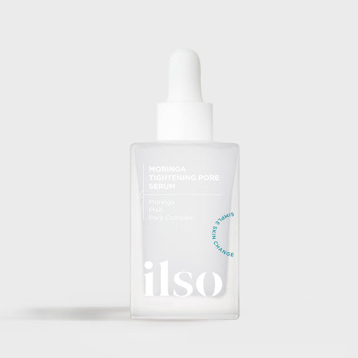ProtoClinical k-beauty ilso Moringa Tightening Pore Serum 30ml frosted square serum bottle held between fingers beside a model's lower face on a beige background
