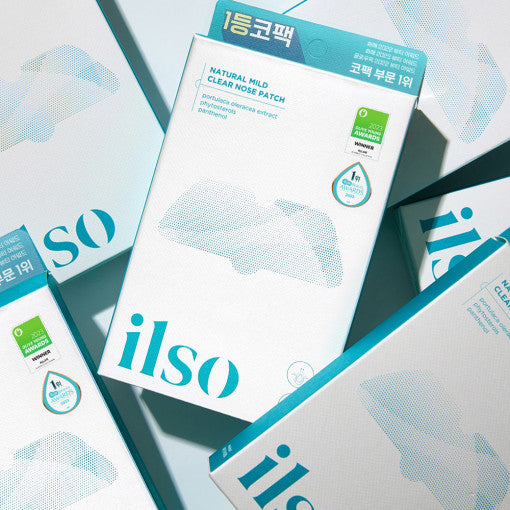 ProtoClinical k-beauty ilso Natural MILD Clear Nose Patch 5P square product graphic with white patch packaging, teal-blue accents, and a light background