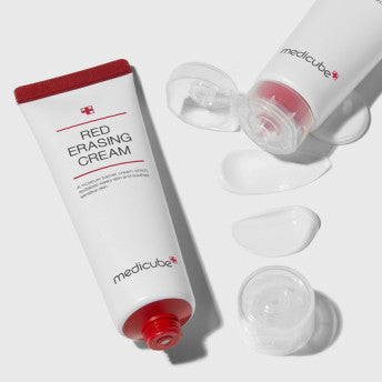 ProtoClinical k-beauty medicube Red Erasing Cream 50ml product lineup with four round cream jars arranged in a loose grid on a clean white background