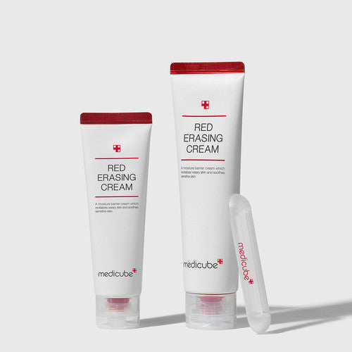 ProtoClinical k-beauty medicube Red Erasing Cream 50ml product lineup with three upright cream containers side by side on a clean white background