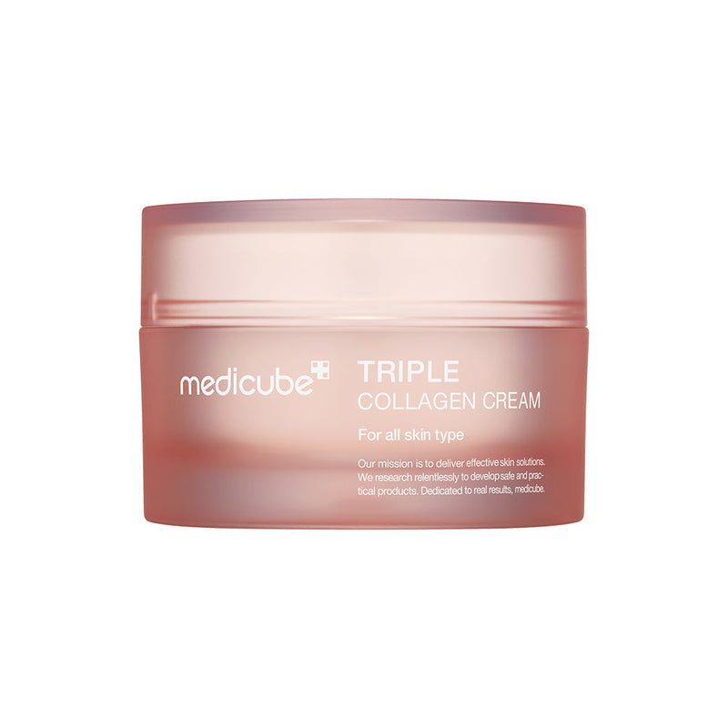 ProtoClinical k-beauty MEDICUBE: Triple Collagen Cream (50ml) two pink cream jars side by side on a pale blue background.
