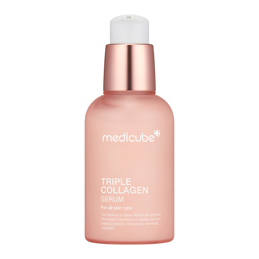 ProtoClinical k-beauty medicube Triple Collagen Serum 4.0 55ml single upright peach serum bottle centered on a pale blue background.
