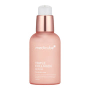ProtoClinical k-beauty medicube Triple Collagen Serum 4.0 55ml single upright peach serum bottle centered on a pale blue background.