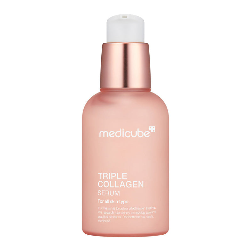 ProtoClinical k-beauty medicube Triple Collagen Serum 4.0 55ml single upright peach serum bottle centered on a pale blue background.