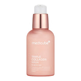 ProtoClinical k-beauty medicube Triple Collagen Serum 4.0 55ml single upright peach serum bottle centered on a pale blue background.