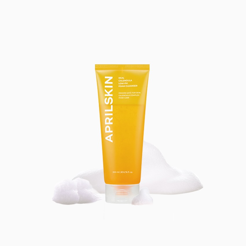 APRILSKIN Calendula Low pH Foam Cleanser 200ml by ProtoClinical displayed in a polished packshot highlighting the cleanser packaging for a k-beauty skincare routine.