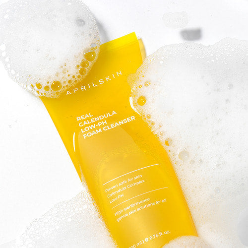 APRILSKIN Calendula Low pH Foam Cleanser 200ml by ProtoClinical presented in a branded product detail layout with clear cleanser packaging elements for a k-beauty skincare routine.