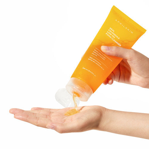 APRILSKIN Calendula Low pH Foam Cleanser 200ml by ProtoClinical displayed in a neat product presentation featuring the cleanser packaging for a k-beauty skincare routine.