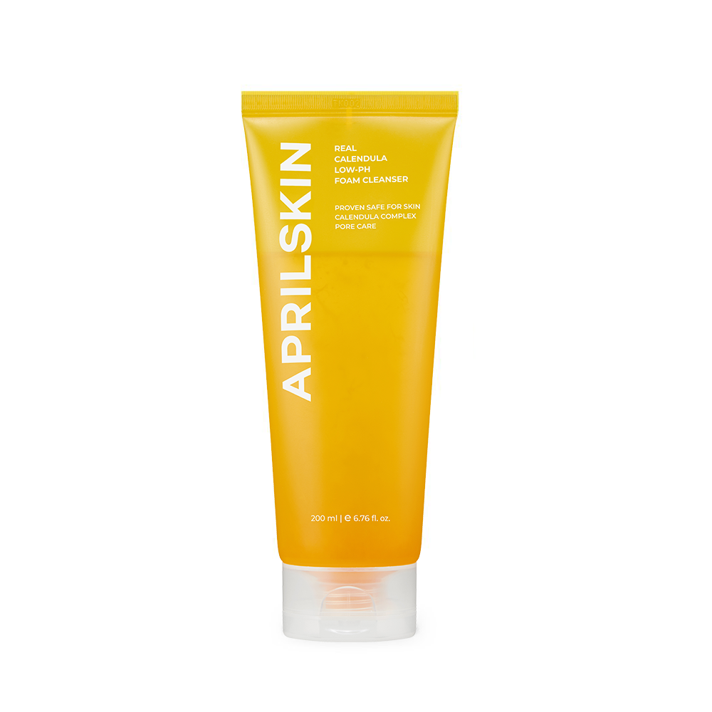 APRILSKIN Calendula Low pH Foam Cleanser 200ml by ProtoClinical presented in a branded product detail graphic with cleanser packaging elements for a k-beauty skincare routine.