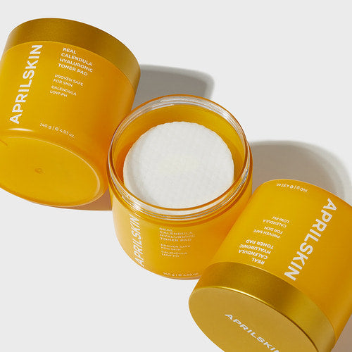 APRILSKIN Calendula PHA Hyaluronic Toner Pads 140g by ProtoClinical shown with front-facing toner pad packaging on a simple background for a k-beauty skincare routine.