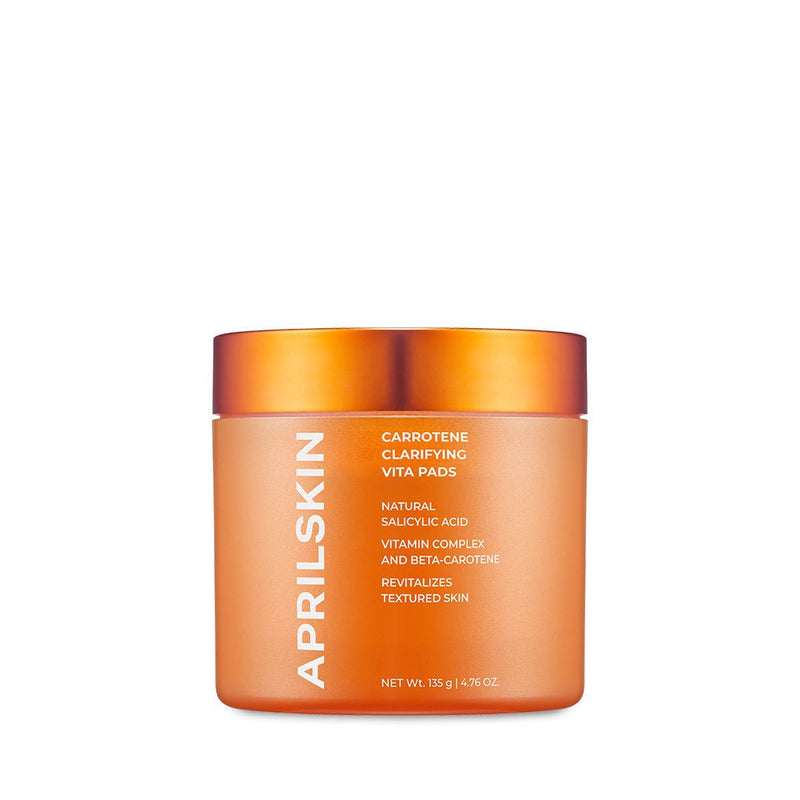 APRILSKIN Carrotene Clarifying Vita Pads 135g by ProtoClinical displayed in a front-facing vita pad packshot on a light background, highlighting the jar packaging for a k-beauty routine.