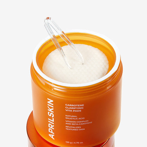 APRILSKIN Carrotene Clarifying Vita Pads 135g by ProtoClinical shown with front-facing pad packaging on a simple background for a k-beauty routine.