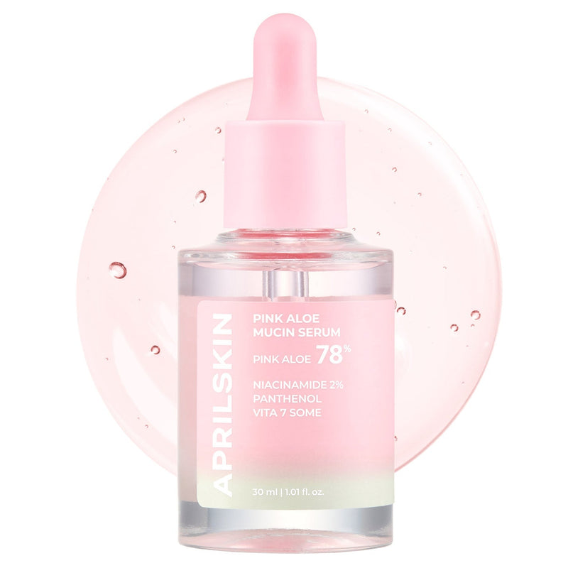 ProtoClinical k-beauty APRILSKIN Pink Aloe Mucin Serum 30ml single upright pink serum bottle centered on a pale aqua and white background