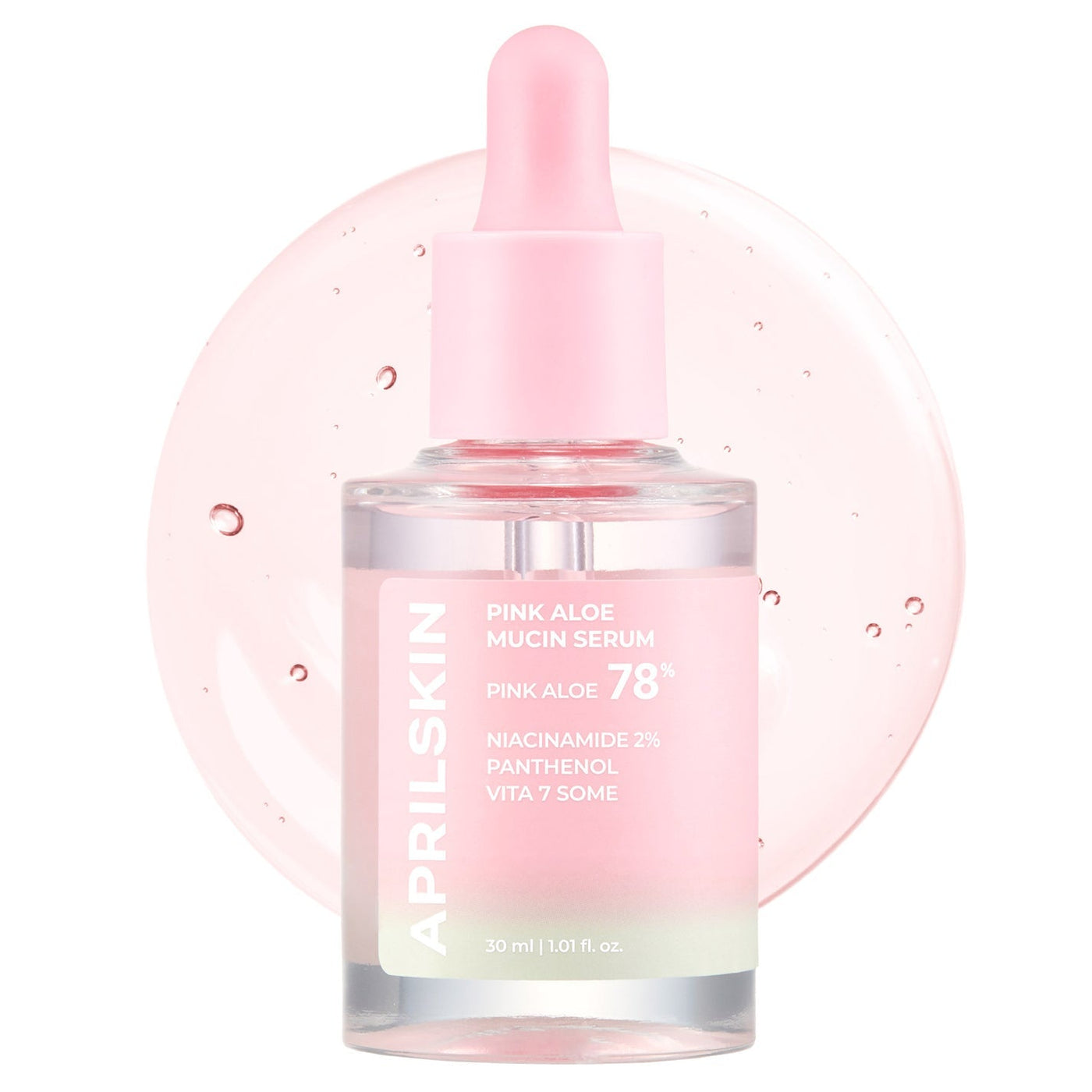 ProtoClinical k-beauty APRILSKIN Pink Aloe Mucin Serum 30ml single upright pink serum bottle centered on a pale aqua and white background