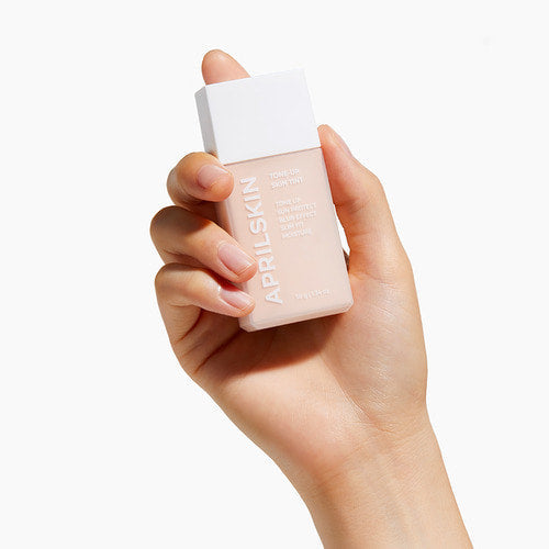 APRILSKIN Tone Up Skin Tint 30g (SPF 50+) by ProtoClinical presented in a detailed skincare-makeup graphic featuring the skin tint tube and product highlights for a k-beauty routine.