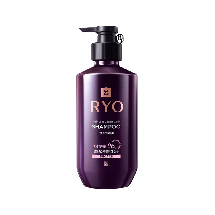 Ryo Hair Loss Care Shampoo For Normal & Dry Scalp 400ml by ProtoClinical presented in a detailed shampoo bottle packshot on a white background, highlighting scalp care branding for a k-beauty routine.