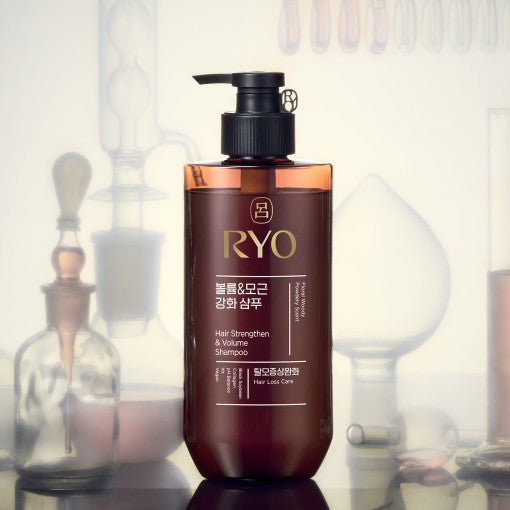 Ryo Hair Strenghten & Volume Shampoo 480ml by ProtoClinical displayed in a clean bottle product shot on a white background, highlighting the branded shampoo packaging for a k-beauty routine.