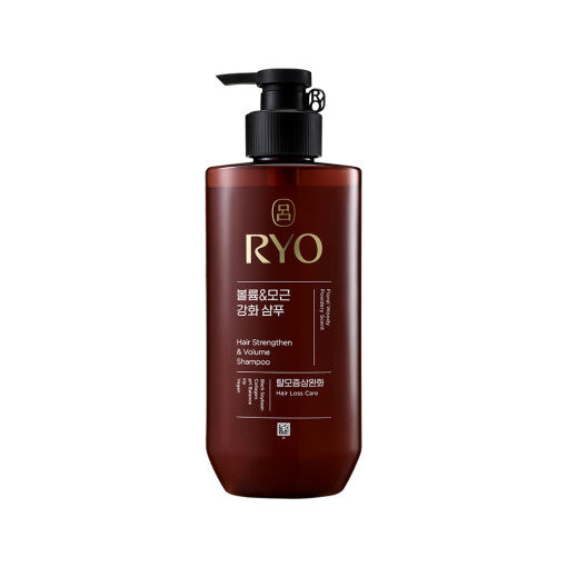 Ryo Hair Strenghten & Volume Shampoo 480ml by ProtoClinical presented in a detailed shampoo bottle shot on a clean white background, highlighting the product design for a k-beauty hair care routine.