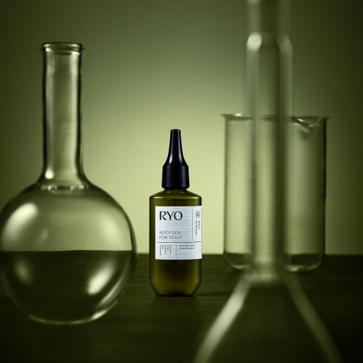 ProtoClinical k-beauty Ryo Root:Gen Hair Loss Care Scalp Essence 80ml single pale olive scalp essence package centered on a dark olive background